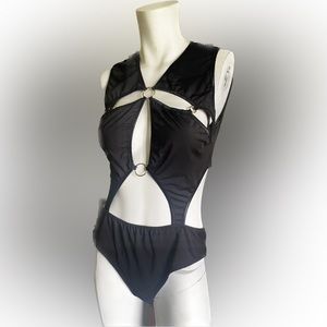 Sexy cut out mod goth industrial bodyCon black bathing body suit camp pinup